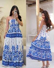 Long Strapless Floral Print Dress For Summer, Women's Fashion, And Carnival. - Blue - View 1