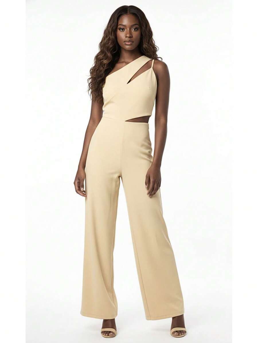 Macação Alfaiataria Feminino Pantalona Longo Elegante Festa Amarelo Manteiga - Champanhe - Visão 1