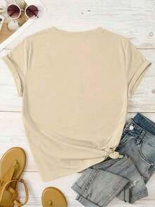 Women's Premium Knit T-Shirt With Heart Detail And Round Neck, 100% Cotton, Comfortable, Women's Fashion - Màu be - Xem 3
