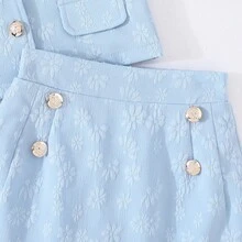 两件套女童蓝色提花纹理露脐上衣+迷你裙，夏季套装 - 淺色水洗藍 - 查看 7