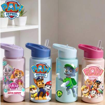 Paw Patrol 1pc 17oz/500ml Cute Pattern Water Bottle With Straw, Leak-Proof, Shockproof, For Outdoor Sports, Travel, Picnic, Hiking, Camping, Home, Office, School, Suitable As Birthday, Christmas, Halloween, Valentine's Day, Thanksgiving, Graduation Gift For Her, Him, Classmates, Family, Friends