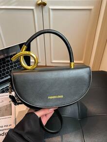 Women's Retro Fashion Simple Casual Flap Closure Structured Box Bag With Metal Hardware Design, Handheld Or Shoulder Strap, Suitable For Outing And Commuting - Black - View 6