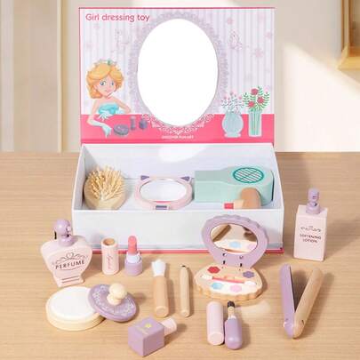Wooden Children's Pretend Play Vanity Makeup Dressing Table Toy, Princess Makeup Desk Toy For Little Girls, Birthday Gift