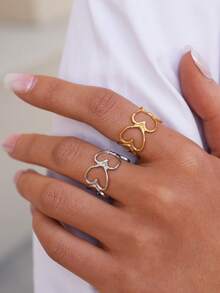 Frminee 2pcs/1pc Simple And Cute Heart 18k Gold Plated Geometric Stainless Steel Ring, Stacked Strap Statement Wedding Promise Ring, Valentine's Day Gift - Multicolor - View 5