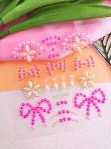 1张粉色珠光蝴蝶结花朵闪亮水钻DIY面部贴片，自粘式，适用于新娘送礼会、下午茶派对和柔美妆容，可重复使用，闪亮水钻，适合女性和可爱DIY美妆爱好者。 - 彩色 - 查看 10