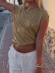 SEREN Summer New Oblique Shoulder Women Knit Sweater, Sexy Asymmetrical Shoulder, Casual, Vacation, Retro, Lightweight, Slightly Sheer, Loose, Short Sleeve Top, Cropped, Summer Women Knit Sweater, Glossy Top, Summer Vacation Beach Outfit, Music Festival Travel Season - Gold - View 8