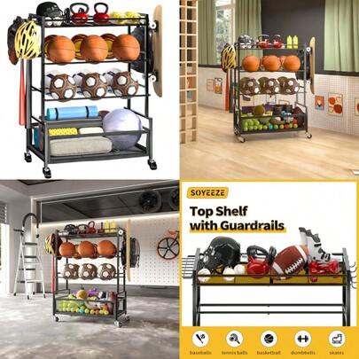 Organizador de equipos deportivos SOYEEZE - Almacenamiento de pelotas para garaje, 4 niveles, estantería de almacenamiento de juguetes para exteriores, soporte de entrenamiento de tiro de baloncesto con ruedas y ganchos para uso en el hogar, la escuela y el gimnasio