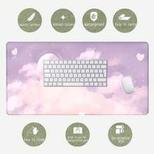 1pc Pink & Purple Dreamy Cloud, Moon & Heart Design Mouse Pad, Healing Girly Style Desk Mat, Large Non-Slip Office & Gaming Keyboard Pad - Rectangle - View 3