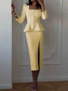 两件套魅力套装，法式优雅日常通勤商务精致复古风约会装：收腰七分袖方领上衣 + 直筒铅笔中长裙，精致通勤套装 - 淡黃色 - 查看 5