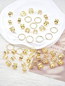 50个/套 复古波西米亚风合金发圈 - 镂空圆形发饰，适合女性和女孩，优雅纯色发圈，可用于编发和DIY发型，发夹 - 金色 - 查看 7