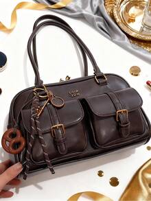 Classic Clown Solid Color PU Waterproof Fabric Bag, Letter Graphic Decor, Multi-Pocket Shell Bag, Can Be Worn As Shoulder Bag Or Underarm Bag, Comes With Pendant, Suitable For Travel, Shopping, Commuting, Party, Date And New Year Occasions. Retro Women's Handbag, Street-Style Japanese Fashion Bag. , Y2k - 咖啡棕 - 查看 5