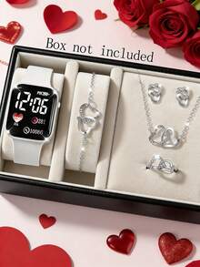 6pcs Minimalist LED Square Digital Watch & Silver Heart Pendant Necklace Earrings Ring Jewelry Set, Suitable For Daily Wear, Party, Campus, Valentine's Day Gift - White - View 7