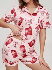 2 Stücke Damen Valentinstag Polka Punkt Schleife Herz Muster Kurzarm Shorts Pyjama Set, romantischer roter Saum Strick Top mit offener Knopfleiste, Elastikbund Hose, geeignet für alle Jahreszeiten als lässige Loungewear - Pink - Übersicht 10