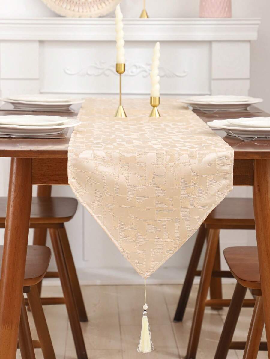 1pc Gold Decorative Table Runner, Faux Silk Jacquard, Dining Room/Living Room Table Decor, Tasseled, Farmhouse Vintage Geometric Pattern - Beige - View 1