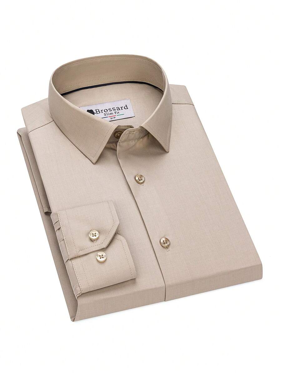 Men's Business Dress Shirts, 38% Bamboo Fiber, 62% Polyamide, Long-Sleeved, No-Iron, With A Slim Fit. Bamboo Fiber: Offers Good Moisture Absorption And Breathability, Is Comfortable To Wear And Naturally Antibacterial. It Is Wear-Resistant And Firm, Making The Shirt Less Prone To Deformation. - 米色 - 查看 1