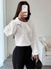 Women's Casual Elegant Textured Heart Print Loose Tie-Front Ruffle Sleeve Blouse, Spring/Summer