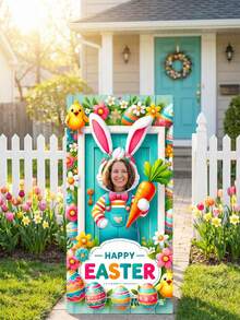 1pc Easter Theme Photography Backdrop - Colorful Rabbit Paper Cutting, Chicks, Easter Eggs, Floral And "Happy Easter" Printed Photography Backdrop, Joyful Cartoon Easter Holiday Style Polyester Photography Backdrop, Rectangular, With Rabbit Paper Cutting Design And Vibrant Pattern Details - Multicolor - View 6