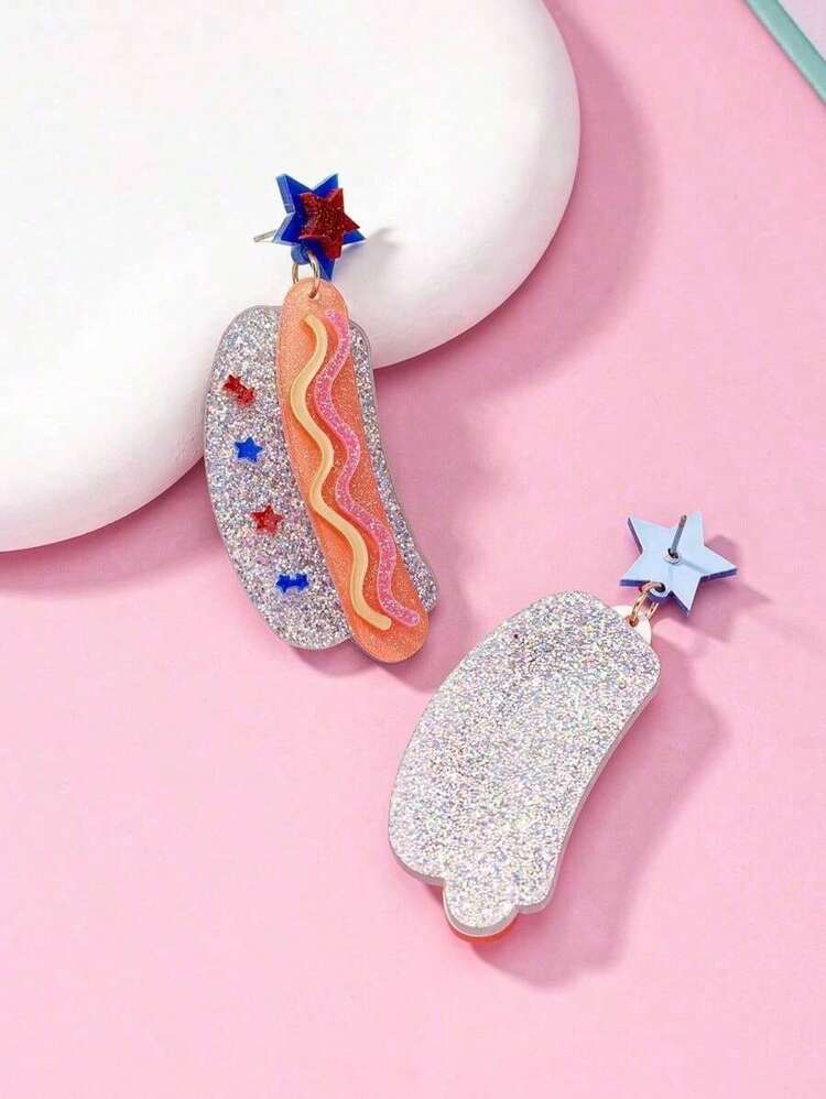 1 par de pendientes de moda de acrílico del Día de la Independencia con colgante de hot dog de 5 estrellas, adecuados para uso en días festivos - Hot dog - Añade 6