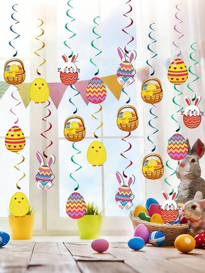 12件装复活节旋转挂饰，复活节派对旋转挂饰，彩蛋兔子箔纸旋转装饰，适用于家庭、办公室、学校，复活节派对装饰收藏品，春季派对生日礼物