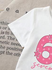 Toddler Girls' Number Print Round Neck Short Sleeve Top And Bow Decor Shorts Set - White - View 5