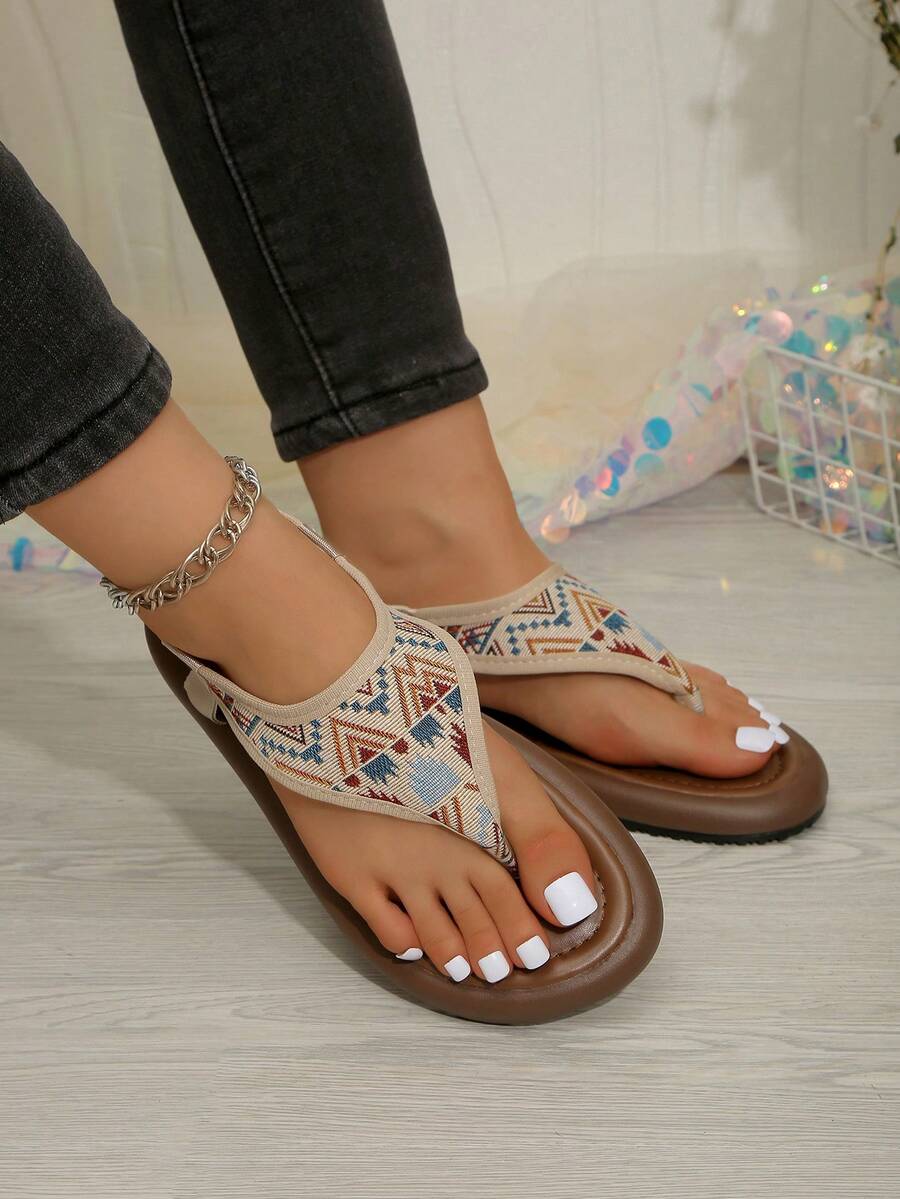 Women's Thick Sole Comfortable Sandals, Bohemian Style, Thong Sandals With Elastic Strap, Thick Sole Roman Sandals For Summer, Beach, Vacation, Home, Outdoor, Commute, Work - Multicolor - View 1