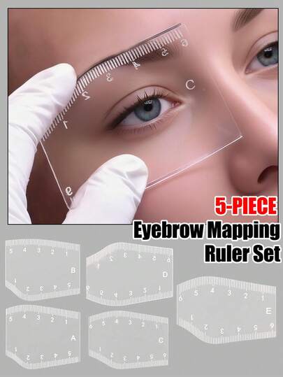 5片装可重复使用透明眉形模板 - 精准测量工具，清晰标记，适用于纹眉、修眉，适合初学者和专业人士 - 耐用易清洁，适合沙龙或家庭使用 - 边缘光滑，易于使用，附赠一支睫毛刷