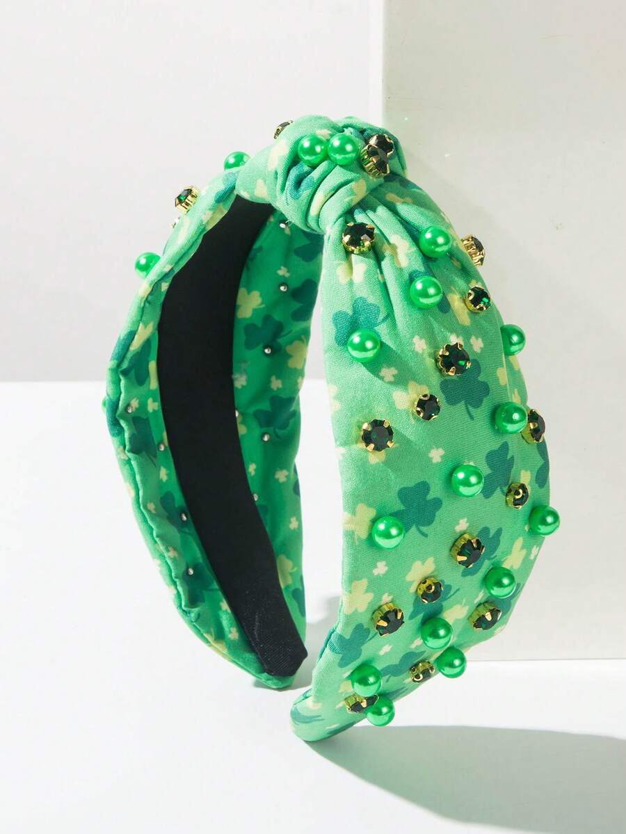 1件圣帕特里克节爱尔兰节日头饰，时尚简约个性化水钻珍珠四叶草印花打结宽檐头饰，适合女性派对佩戴 - 綠色 - 查看 1