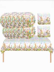 41pcs Rabbit Easter Theme Birthday Party Set Includes 20pcs Plates, 20pcs Napkins And 1pc Tablecloth, Ideal For Fan Parties - Multicolor - View 7
