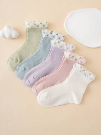 5 Pairs Cute Cartoon Colorful Polka Dot Patterned Children's Mid-Calf Mesh Socks With Ruffle Trim, Suitable For All Seasons, European Sizes, Comfortable, Breathable, Durable, Rich Colors, Ideal For Everyday Wear, Premium Fabric, Non-Stuffy
