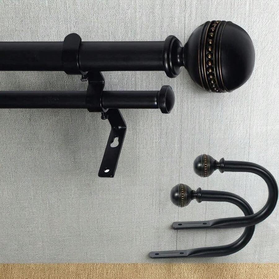 Elegant Dual-Layer Curtain Rod Set With Sable Tipped Finials And Matching Holdbacks For 48 To 84 Inch Windows, In Rich Black And Gold Finish - Multicolor - View 1