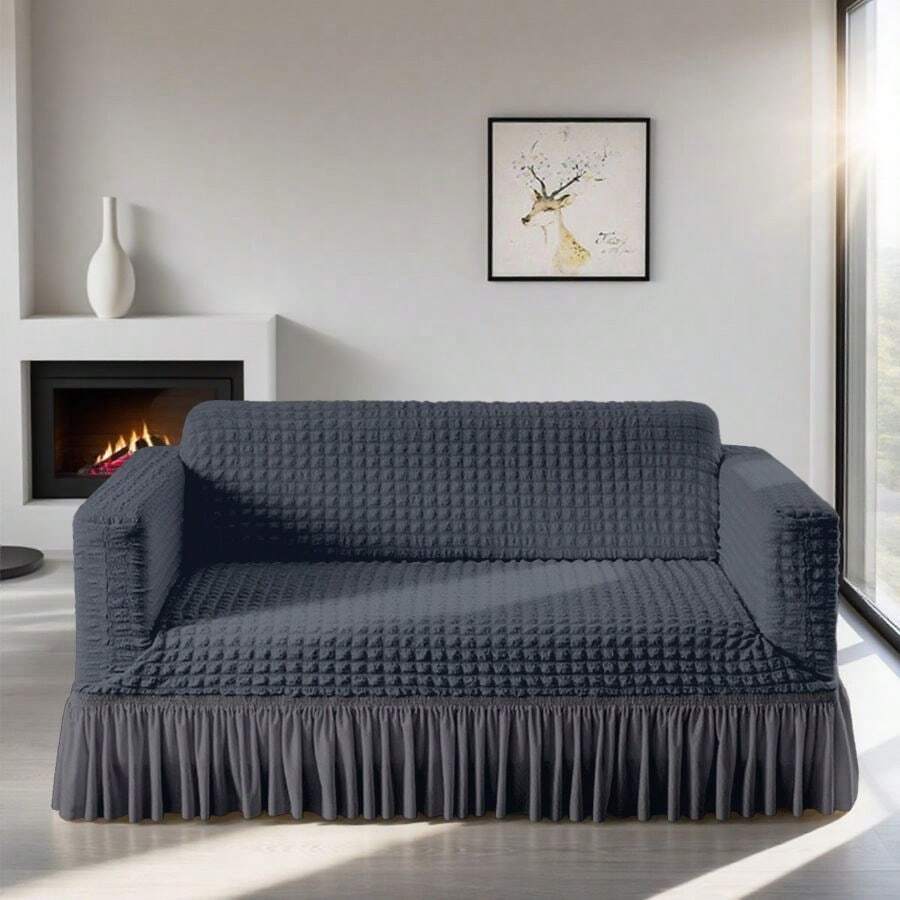 Modern Style Polyester Fiber Solid Color Bubble Gauze Simple Style Elastic All-Inclusive Lace Design Sofa Cover, All Seasons Scratch Resistant Elastic Living Room Sofa Cover Pet Anti-Dirty Universal Sofa Protector Home Decoration - 深灰色 - 查看 1
