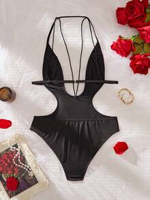 女士成熟性感黑色交叉绑带文胸套装，黑色优雅性感露背连体裤，适合女性外出穿着 - 黑色 - 查看 9