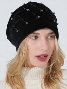 1pc Women's Rhinestone & Pearl Embellished Pullover Beanie Hat, Fashionable & Versatile, Autumn/Winter - Multicolor - View 6