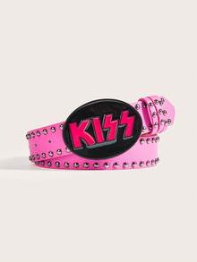 1pc Punk Gothic Y2K Rock Band Letter Rivet Fashion Belt, Suitable For Leather Jackets, Jeans, Concerts, Parties, Gatherings, Daily Outings, Graduation Gifts, All Season Wear - Pink Studded Kiss - View 2