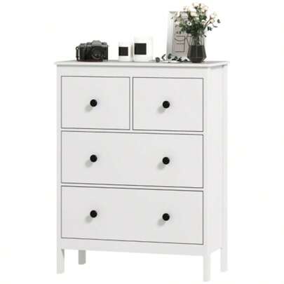 4-Drawer Chest Of Drawers For Clothes And Bedding, Living Room, Bedroom, Hallway, Particleboard, White