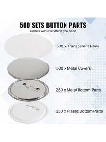 500 Sets 2.25 Inch 58mm Pin Back Button Parts For Button Maker Machine, DIY Round Button Badge Parts, Set Includes Metal Top, Plastic/Metal Button, Clear Film, And Blank Paper For Gifts Presents - White - View 4