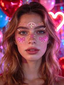 1张粉色珠光蝴蝶结花朵闪亮水钻DIY面部贴片，自粘式，适用于新娘送礼会、下午茶派对和柔美妆容，可重复使用，闪亮水钻，适合女性和可爱DIY美妆爱好者。 - 彩色 - 查看 4