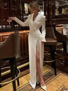 2025 New Style Party Dress - Elegant V-Neck Long-Sleeved Formal French-Style Skirt With High Waist And Slit Opening - trắng - Xem 2