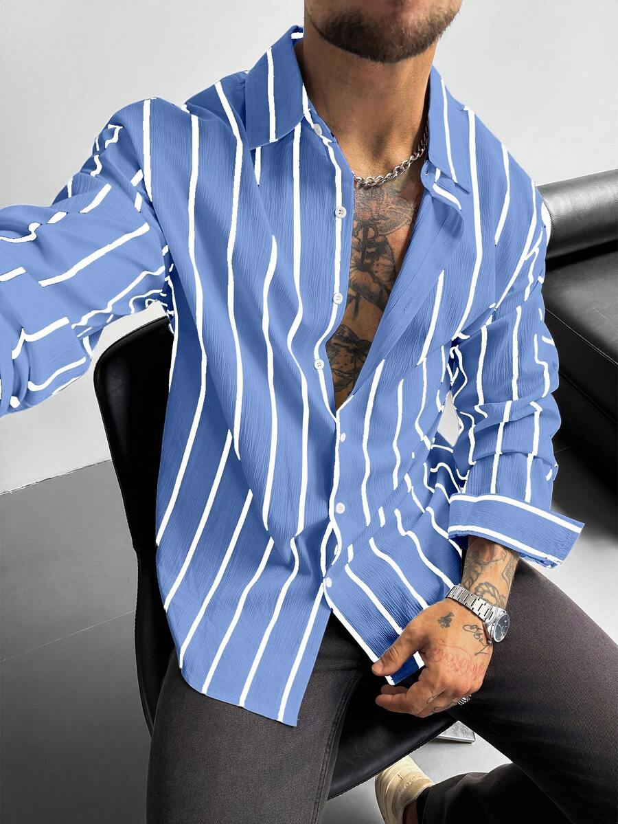 GloMan 男士经典黑白条纹长袖衬衫，亚麻质感休闲办公通勤衬衫，四季皆宜的经典款式，圣诞节新年礼物，母亲节礼物 - 藍白色 - 查看 1