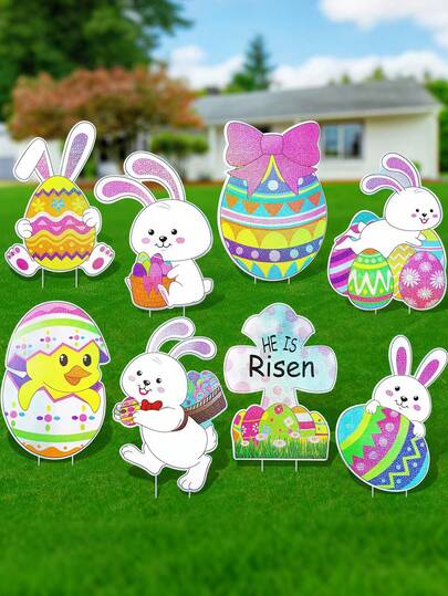 8 piezas - Decoración de jardín de Pascua, señal de huevo de conejo, estacas de jardín de Pascua resistentes al agua y al clima con decoraciones de Pascua para el jardín, letreros de Pascua para el patio, decoraciones de Pascua para el jardín, decoraciones de Pascua para el césped, decoraciones de arte de Pascua para el patio, adecuadas para decoraciones de jardín, césped y patio en Pascua