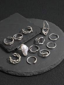 12pcs Baroque Style Faux Pearl Rings Set, Asymmetrical Layered Rings With Diverse Elements For Women - Silver - View 4