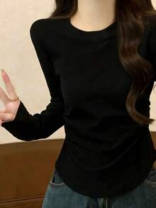 春秋季韩版优雅修身圆领褶皱长袖T恤打底衫 - 黑色 - 查看 1