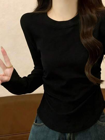 春秋季韩版优雅修身圆领褶皱长袖T恤打底衫