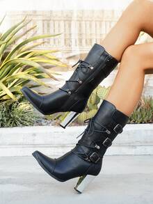 Women's Pointed Toe Mid-Calf Boots, Chunky High Heel Lace-Up Riding Boots - Black - View 2