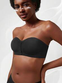 Black Glossy Push-Up Bra, Bandeau Style Design, Front Opening, Strapless, Lifting And Shaping Bust, Breathable And Stylish Back Design, Suitable For Daily Wear - Black - View 9