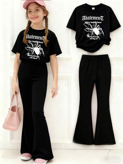 This Casual Set Is Designed For Young Women, Featuring A Spider Pattern Print. It Includes A Black Short Sleeve Round Neck T-Shirt And Black Flare Pants, Very Suitable For Summer Wear.