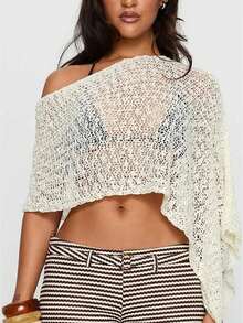 Women Knitted Poncho Loose See Through Boat Neck Off Shoulder Asymmetrical Crop Coverup Tops - trắng - Xem 1