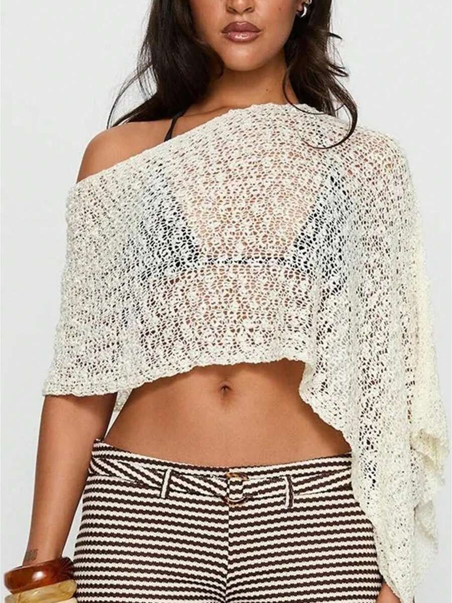 Women Knitted Poncho Loose See Through Boat Neck Off Shoulder Asymmetrical Crop Coverup Tops - trắng - Xem 1