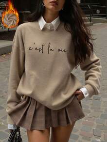 Letter Print Women Casual Warm Faux Wool Sweater, Christmas Gift, Chinese New Year Gift, Valentine's Day Gift, Back To School Clothes, School Outfit Ideas, Back To School Essentials, First Day Of School Outfit, Back To School Outfits 2026 - Camel - View 4