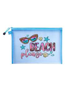 Large-Capacity Transparent Mesh Makeup Bag With"Beach Please" Pattern, Portable Travel Makeup Storage Bag, Colorful Beach-Themed Storage Bag With Zipper Closure,Makeup Bag, Skincare Bag,Portable Storage For Vacations And Travel, Summery Theme - Multicolor - View 17